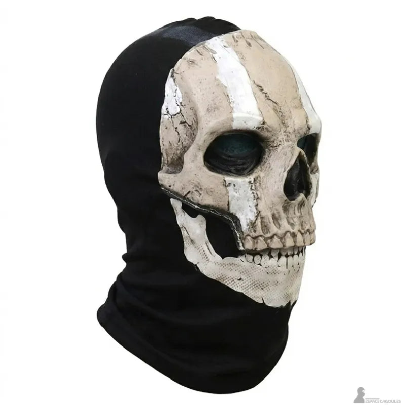 Cagoule type ghost recon masque crâne blanc avec grilles métalliques aux yeux vue trois quarts gauche sur fond neutre - Espace Cagoules