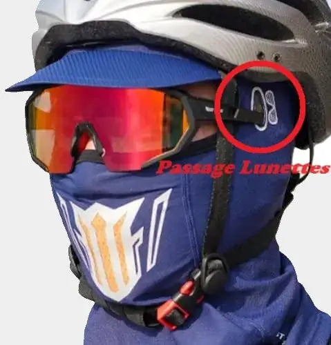 Zoom sur passage intégré pour lunettes, de la cagoule vélo  femme, bleue