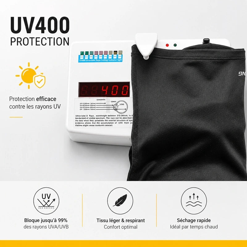 Cagoule vélo été minimaliste noire testée sur appareil de mesure UV400, protection efficace contre les rayons UVA et UVB, tissu léger à séchage rapide - Espace Cagoules
