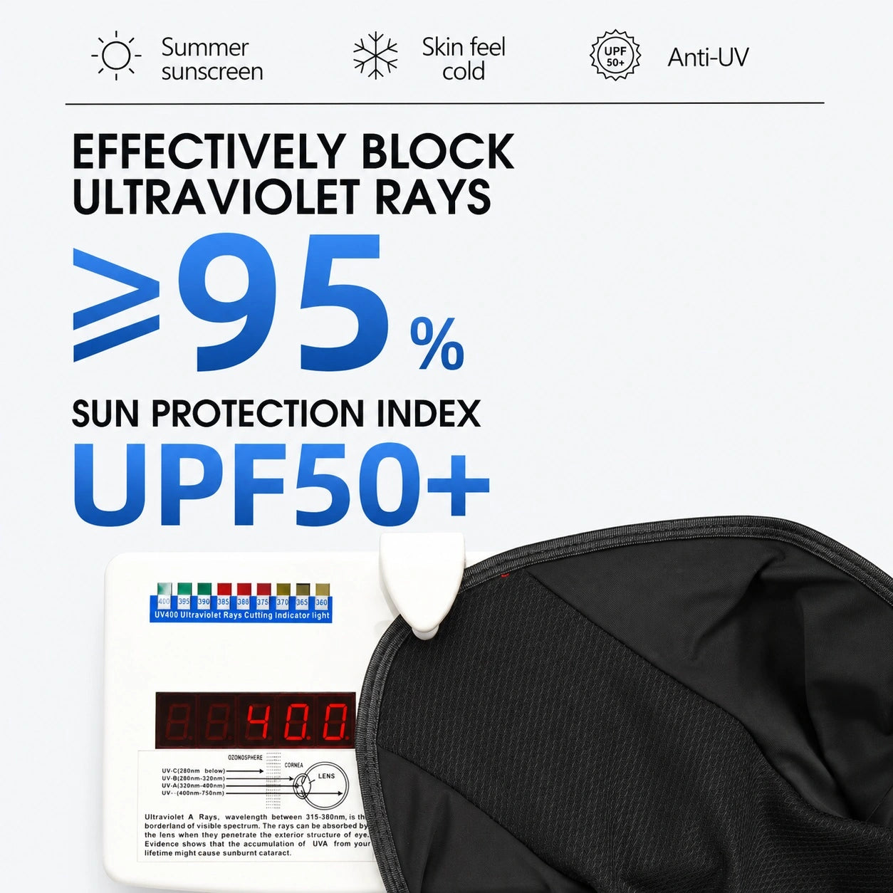 Tissu noir de la cagoule vélo été respirante testé sur appareil de mesure UV400, indice de protection solaire UPF 50+ bloquant les rayons ultraviolets - Espace Cagoules