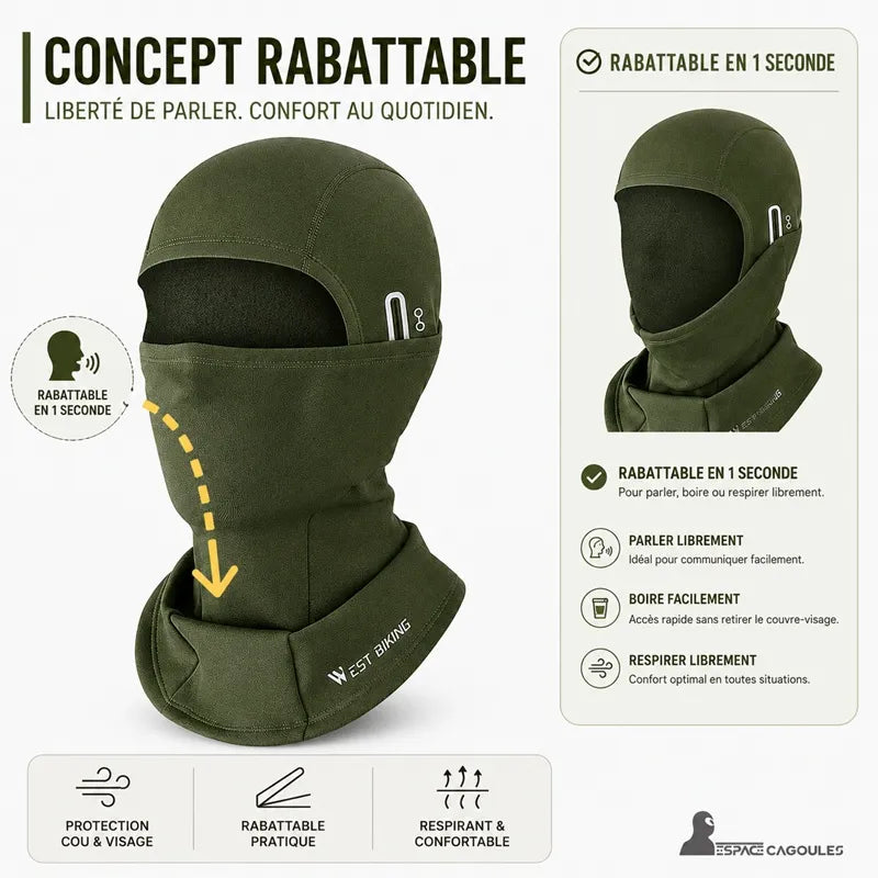Passamontagna verde per il freddo con protezione facciale pieghevole e colletto coperto, illustrando il concetto di apertura rapida - Espace Cagoules