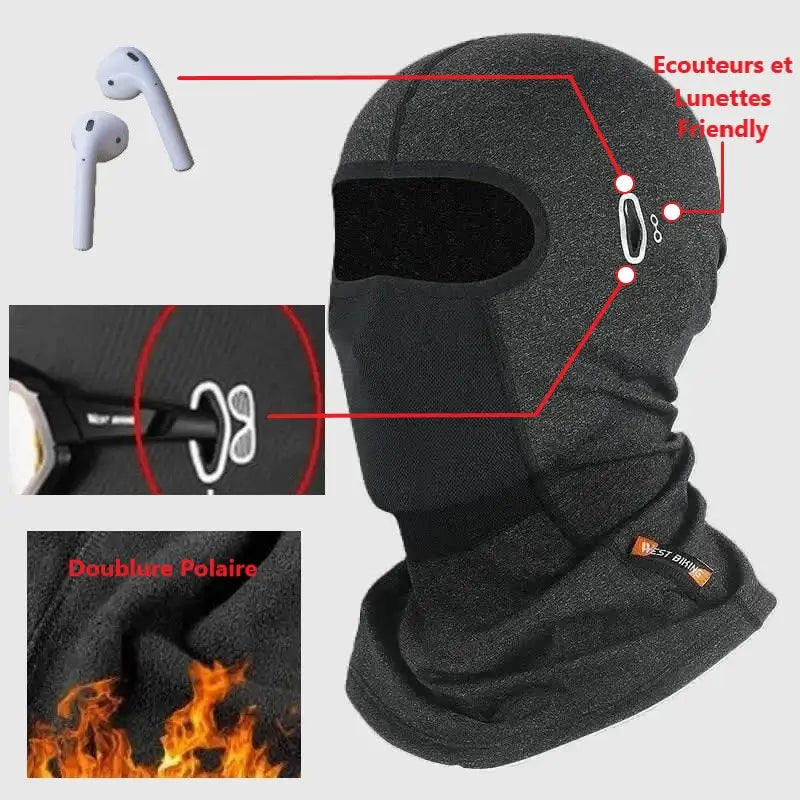 Cagoule vélo hiver ouvert en tissu thermique gris, ajustée avec un design pratique pour les cyclistes, présentant une ouverture large pour une vision claire et une isolation optimale contre le froid et le vent.