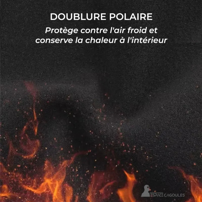 Cagoule vélo hiver avec doublure polaire noire épaisse, illustrée par des flammes pour symboliser la chaleur