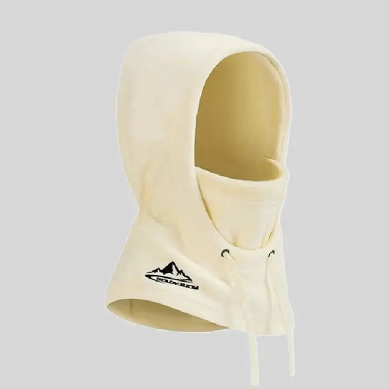 Capuche cagoule pour femme beige en polaire douce, avec design ample et cordons ajustables pour une protection optimale en hiver.
