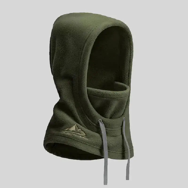 Capuche cagoule pour femme en vert olive avec cordons ajustables, idéale pour les activités hivernales et les aventures en plein air.