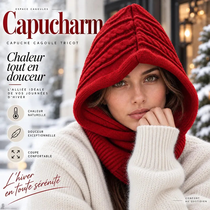 Capuche cagoule tricot rouge Capucharm mise en scène façon couverture magazine hiver - Espace Cagoules