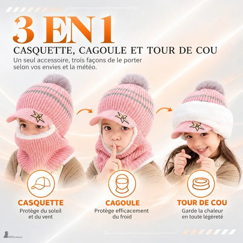 Casquette bonnet enfant rose tricot 3 en 1 avec pompon gris, fille souriante montrant différentes façons de porter le bonnet