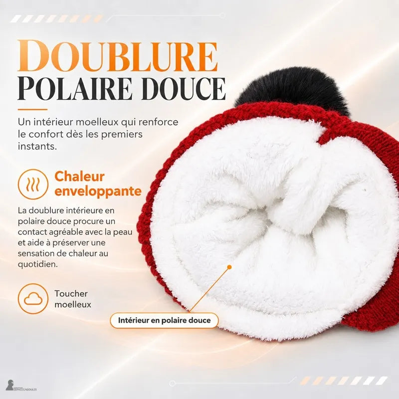 Casquette bonnet enfant rouge avec doublure polaire blanche douce et chaude, vue intérieure de la texture