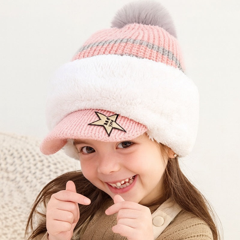 Casquette bonnet enfant fille en tricot rose et blanc avec pompon gris et motif étoile, chaude et confortable pour l’hiver