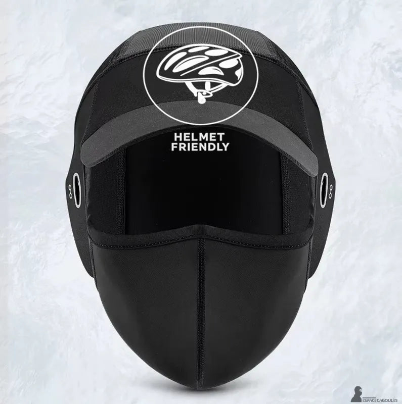 Casquette cagoule été noire avec visière présentée de face avec pictogramme casque indiquant la compatibilité sous casque – Espace Cagoules