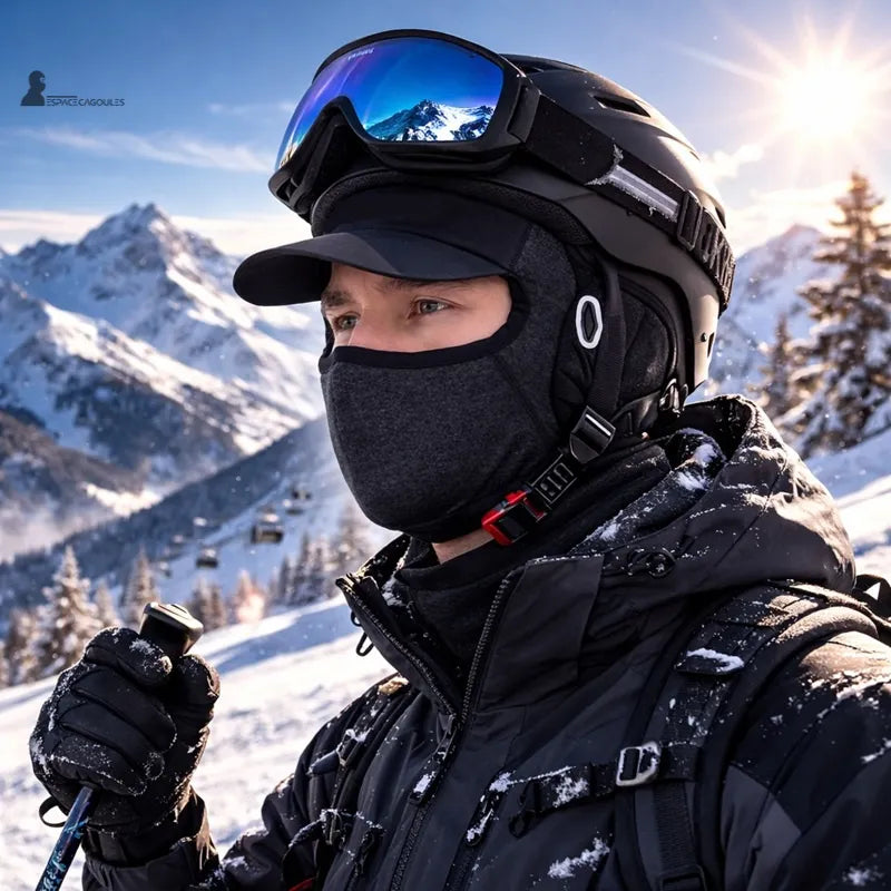 Casquette cagoule été portée sous casque de ski avec masque dans un paysage de montagne enneigée, vue de profil – Espace Cagoules