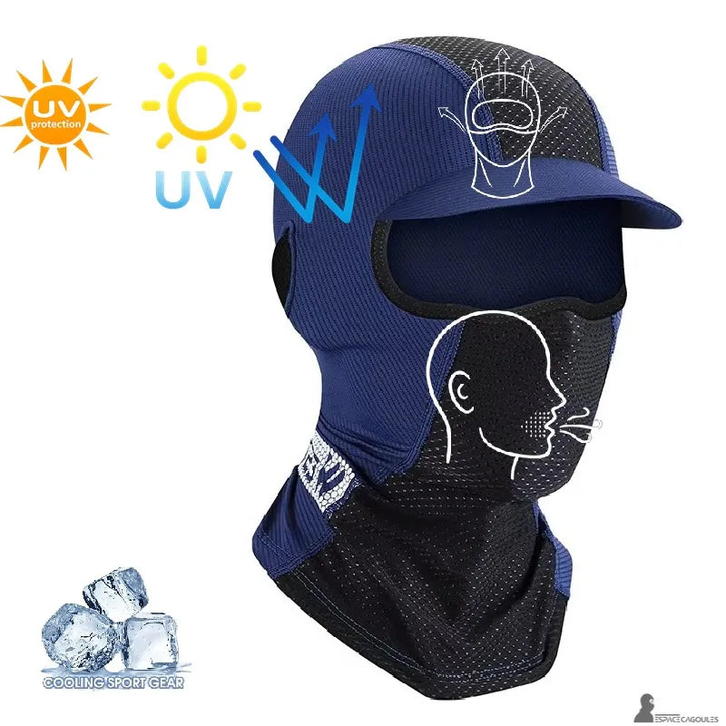 Casquette cagoule homme bleu et noir avec pictogrammes protection UV et circulation de l’air illustrant l’effet rafraîchissant du tissu vue de trois-quarts - Espace Cagoules