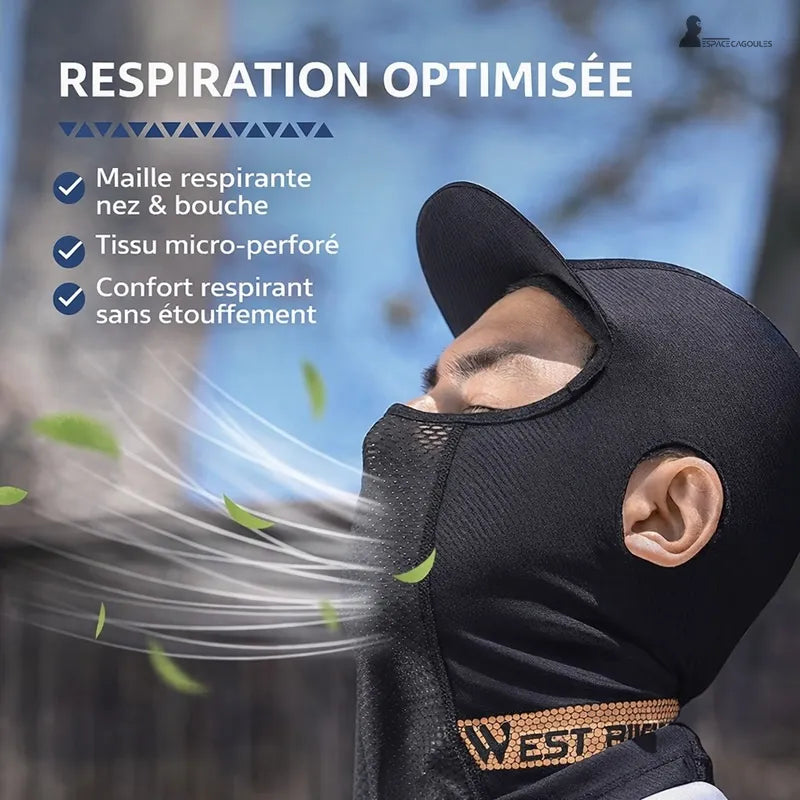 Casquette cagoule homme noire portée de profil avec flux d’air illustrant la respiration optimisée au niveau du nez et de la bouche - Espace Cagoules