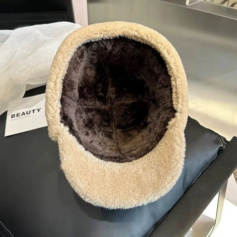 Vue intérieure d’une Casquette Chapka beige, révélant une doublure en fausse fourrure ultra douce de couleur marron foncé. Un accessoire idéal pour affronter l’hiver avec confort et élégance.