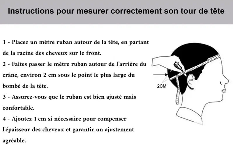 Illustration des instructions pour mesurer correctement son tour de tête avant d'acheter une Casquette Chapka. Le guide explique comment utiliser un mètre ruban pour obtenir une taille précise.