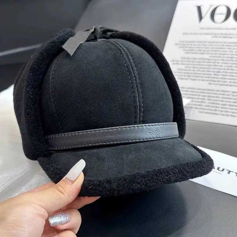 Casquette Chapka noire en cuir. Une main féminine met en avant la qualité du tissu et la coupe structurée du modèle.