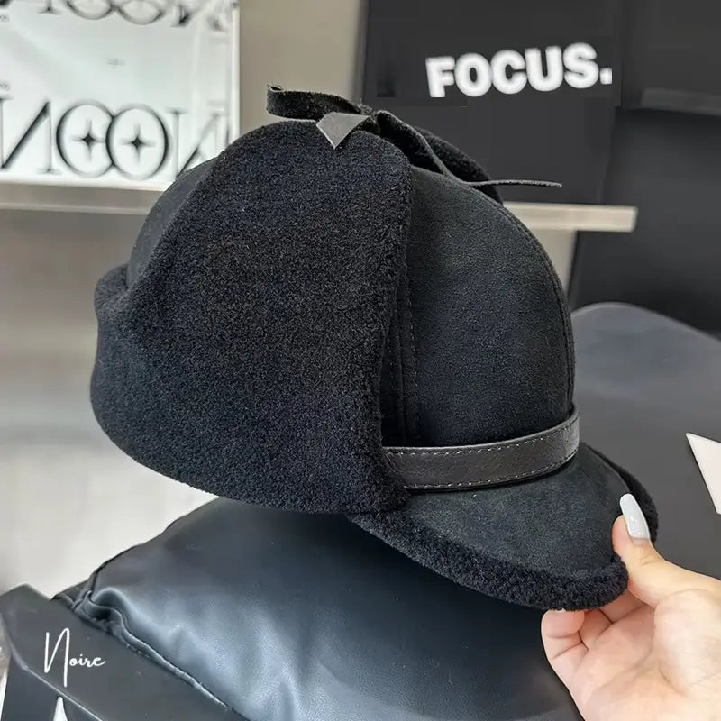 Casquette Chapka noire posée sur un siège, avec un bandeau en similicuir et des rabats en laine épaisse. Idéale pour allier chaleur et élégance en hiver.