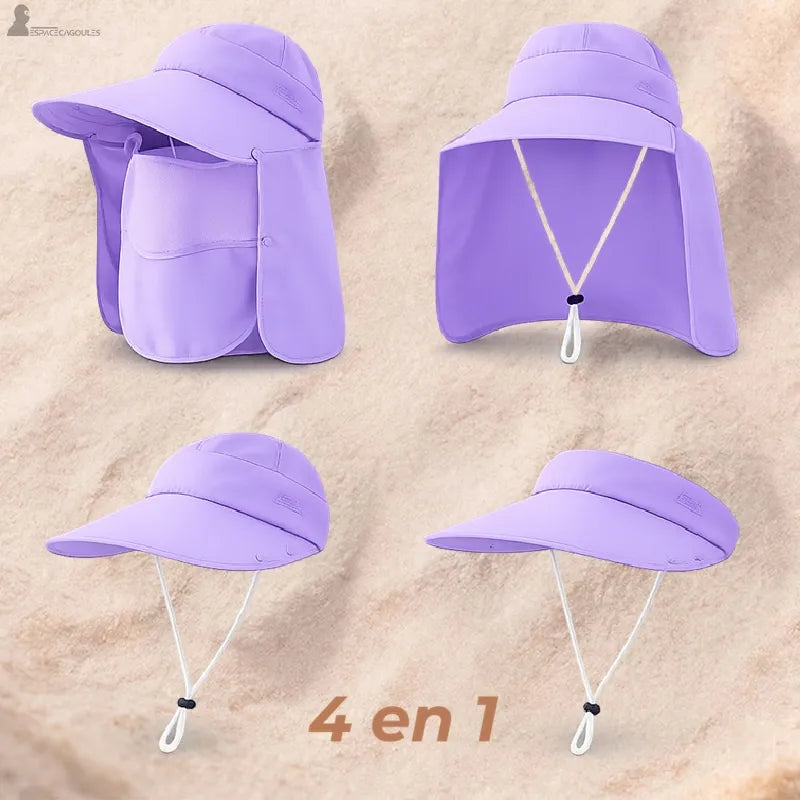 Cappello sahariano donna viola 4 in 1 su sfondo di sabbia - Spazio Cagoule