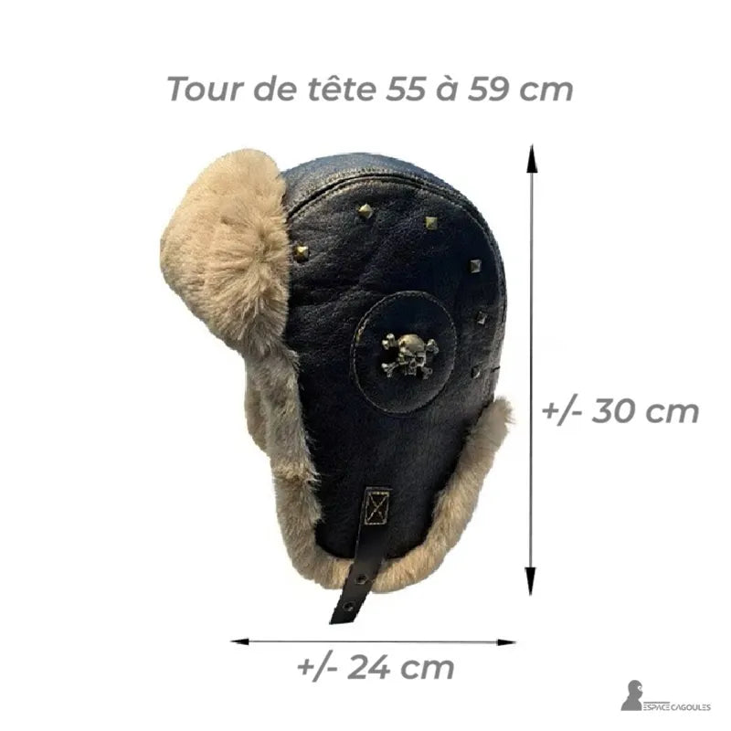 Chapka aviateur en cuir et fausse fourrure avec indication des dimensions et du tour de tête, vue de profil sur fond blanc - Espace Cagoules