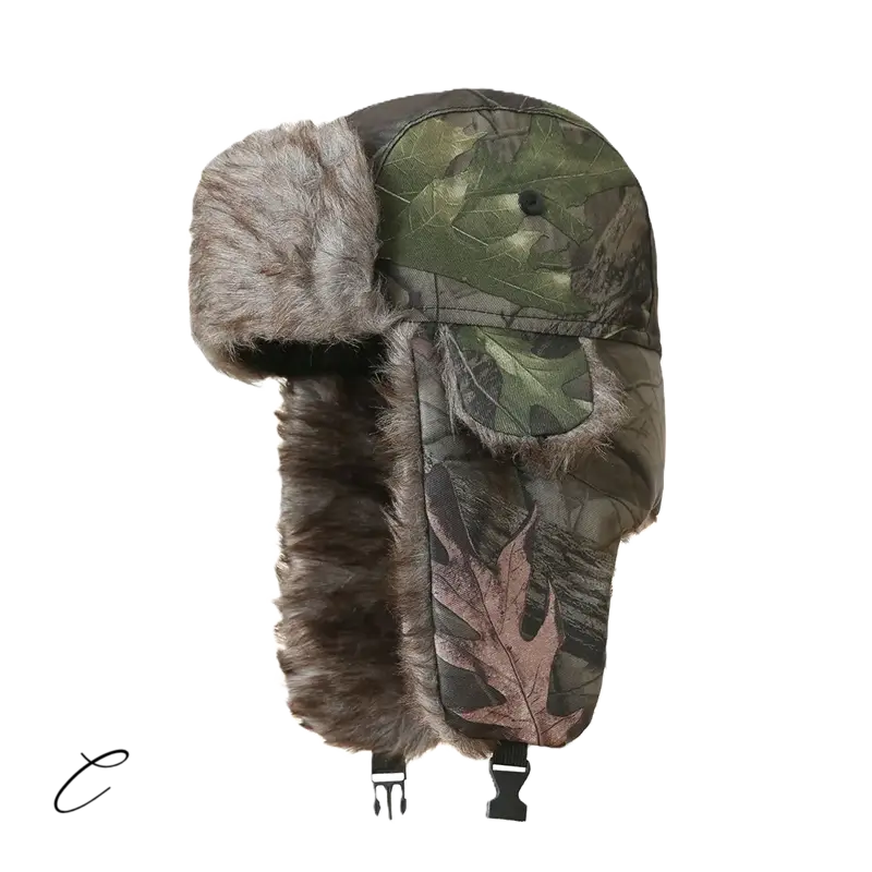 Chapka Chasse camouflage feuillage vert et brun, fourrure grise sur les bords, protection optimale pour les expéditions de chasse en forêt.