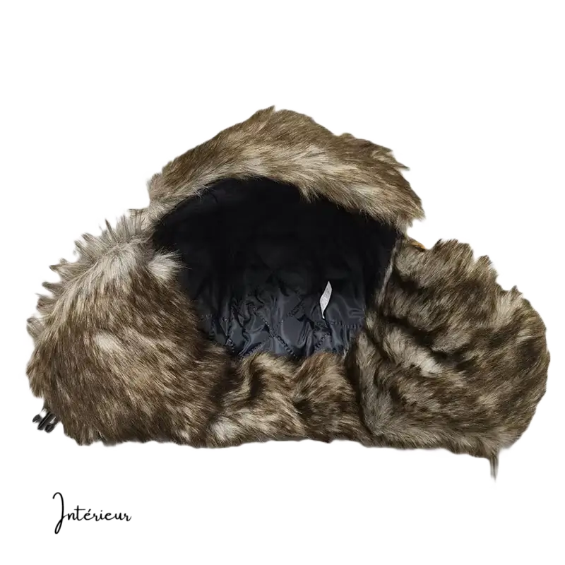 Chapka Chasse vue de l' intérieur en polaire noir avec fourrure marron épaisse, offrant une protection thermique optimale.