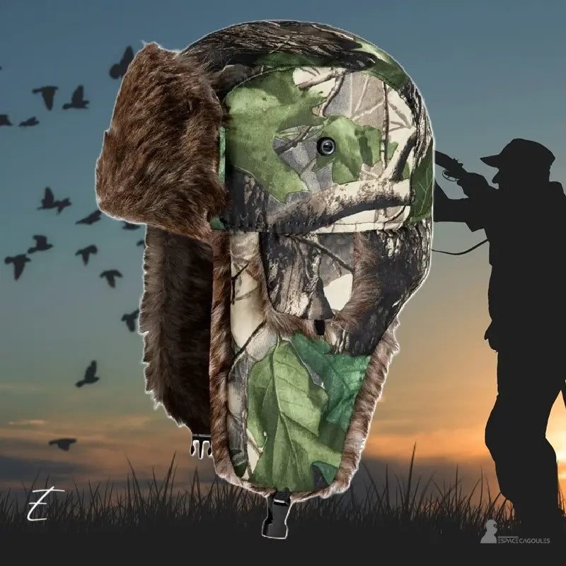 Chapka Chasse camouflage vert avec arrière-plan d’un chasseur au coucher du soleil
