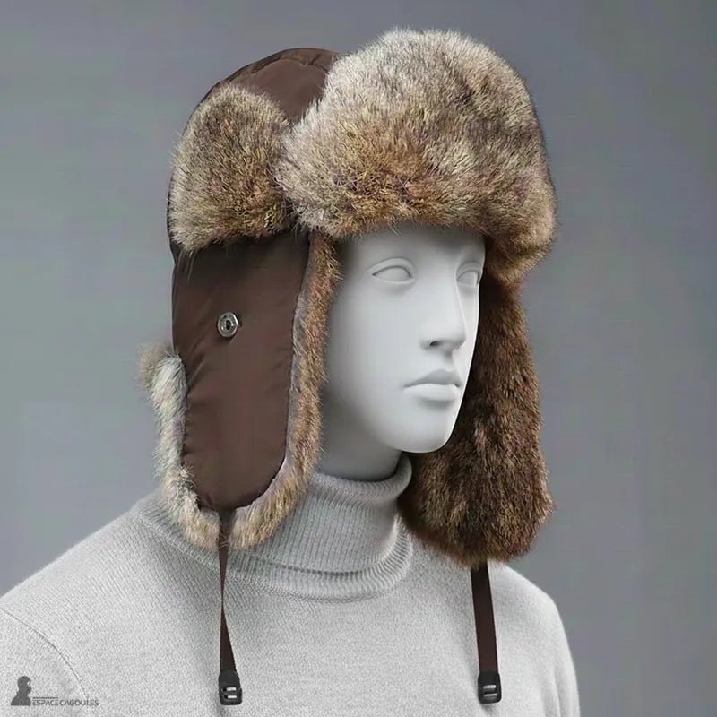 Cappello di pelliccia maschile in versione marrone, messo in scena su montagne innevate - Espace Cagoules