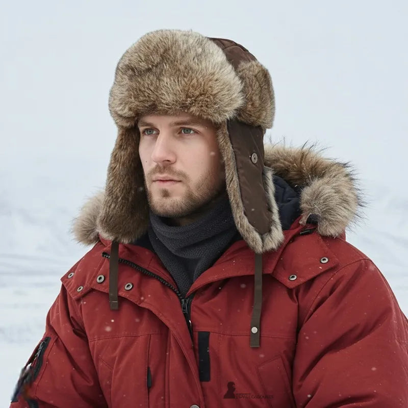 Cappello di pelliccia per uomini che indossano un indossamento visivo di un uomo con un cappotto rosso sotto la neve - Espace Cagoules