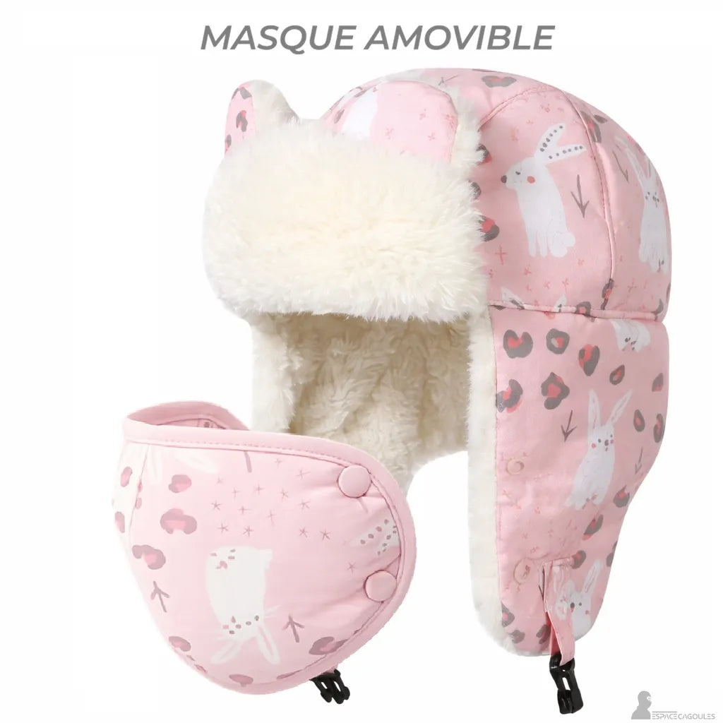 Détail du masque amovible avec boutons pressions sur le côté de la Chapka fille avec masque - Espace Cagoules