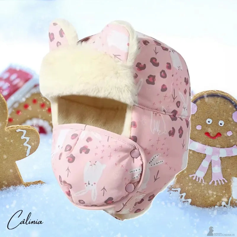 Chapka fille avec masque rose à motifs lapins et doublure blanche en fourrure synthétique - Espace Cagoules