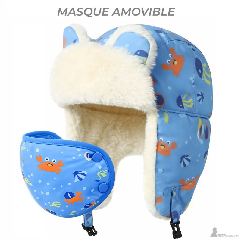 Vue de la chapka enfant garçon avec masque amovible séparé et intérieur en polaire blanche - Espace Cagoules
