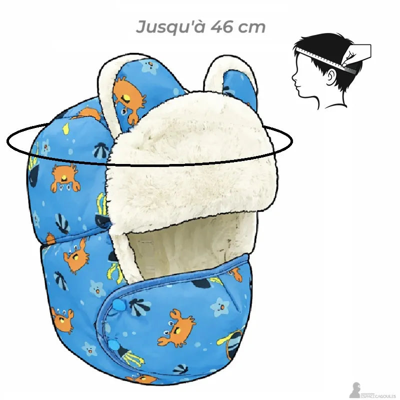 Schéma de taille de la chapka enfant garçon avec masque indiquant un tour de tête jusqu’à 46 cm - Espace Cagoules