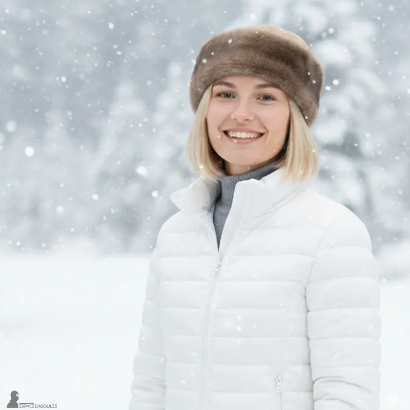 Faux-Fur-Chapka, getragen von einer Frau, aus braunem Kunstfell, schützende Form, frontal getragen, in einer verschneiten Außenumgebung - Cagoules Raum.