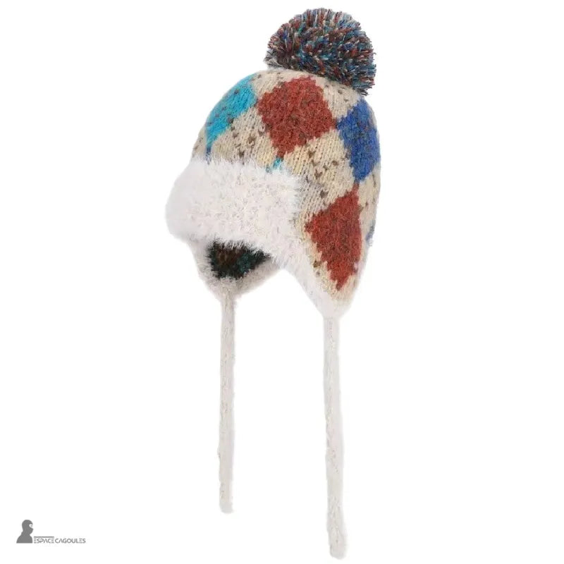 Chapka ski femme colorée à losanges rouges et bleus, intérieur en fausse fourrure blanche – Espace Cagoules