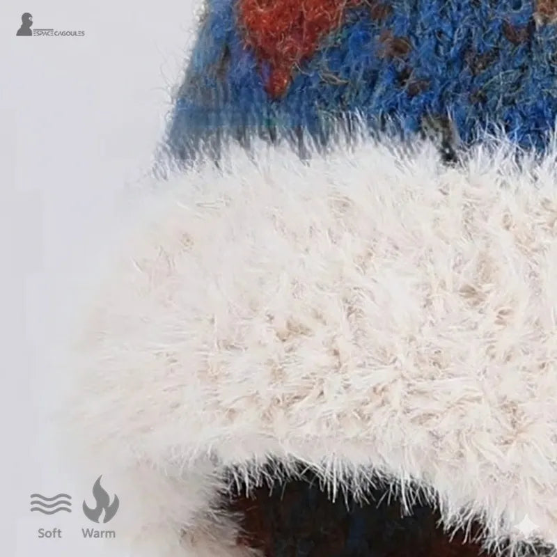 Chapka ski femme zoom sur la bordure polaire blanche douce et moelleuse avec étiquettes Soft et Warm – Espace Cagoules