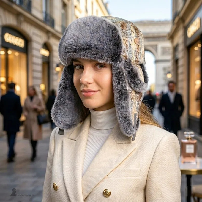 Jeune femme portant une Chapka patchwork fourrure dans une rue commerçante chic de Paris - Espace Cagoules