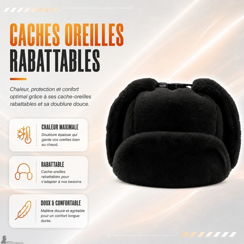 Chapka russe impériale noire avec les cache-oreilles rabattus sur les côtés pour une protection maximale du froid - Espace Cagoules