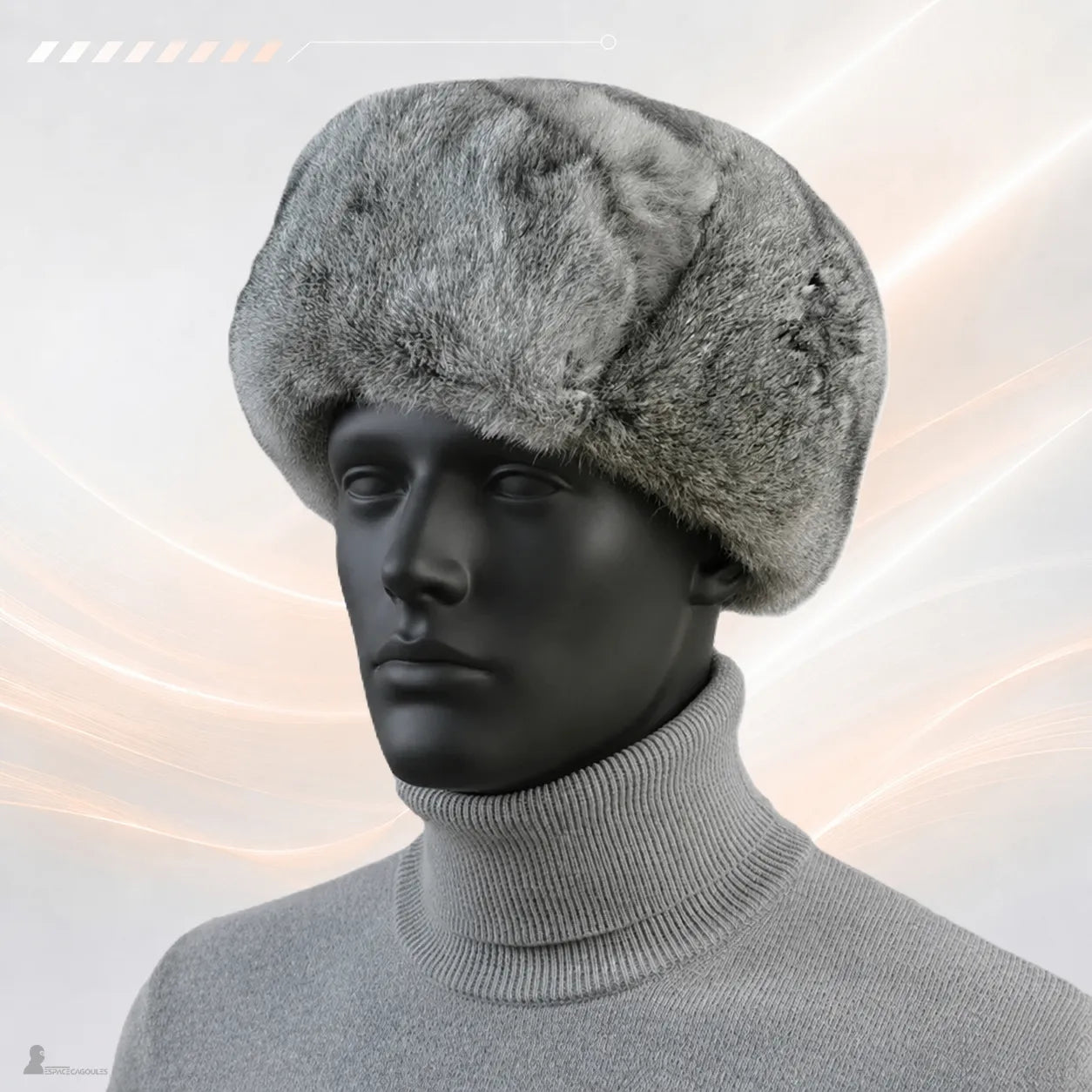 Chapka russe homme grise en fourrure présentée sur mannequin, vue de trois quarts - Espace Cagoules