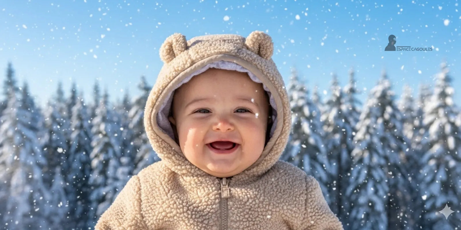 Cagoule Bébé beige chaude à oreilles d’ourson portée par un bébé souriant dans la neige, forêt enneigée en arrière-plan.