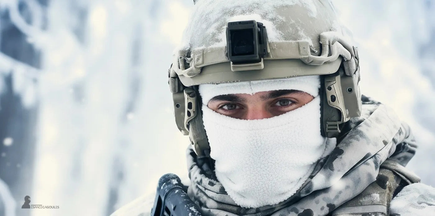 Cagoule blanche thermique en polaire portée par un soldat en tenue camouflage hivernale, casque tactique et décor de neige givrante en arrière-plan – Cagoule Blanche Militaire -Espace Cagoules