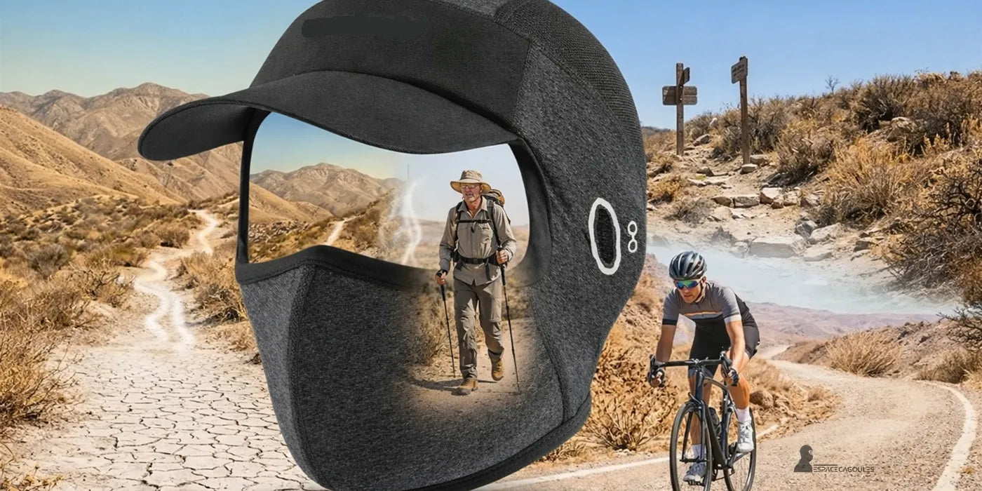 Collection cagoule casquette noire avec visière intégrée et ouverture faciale, mise en avant sur fond désertique avec randonneur et cycliste, vue montage produit - Espace Cagoules.