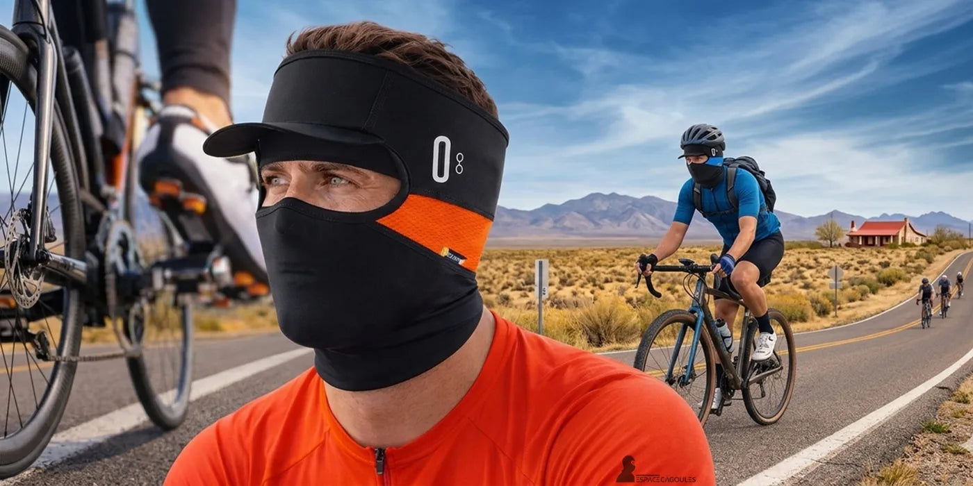 Collection cagoule casquette portée par un cycliste avec visière noire et masque couvrant, détail du visage en gros plan et cyclistes en arrière-plan sur route désertique - Espace Cagoules.
