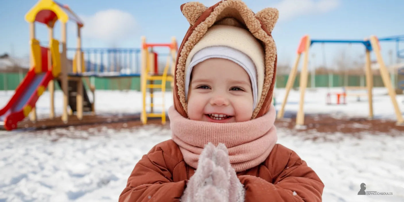 Cagoule enfant marron à petites oreilles portée par un tout-petit jouant dans une aire de jeux enneigée, manteau chaud et écharpe rose – Cagoule Enfant Hiver - Espace Cagoules