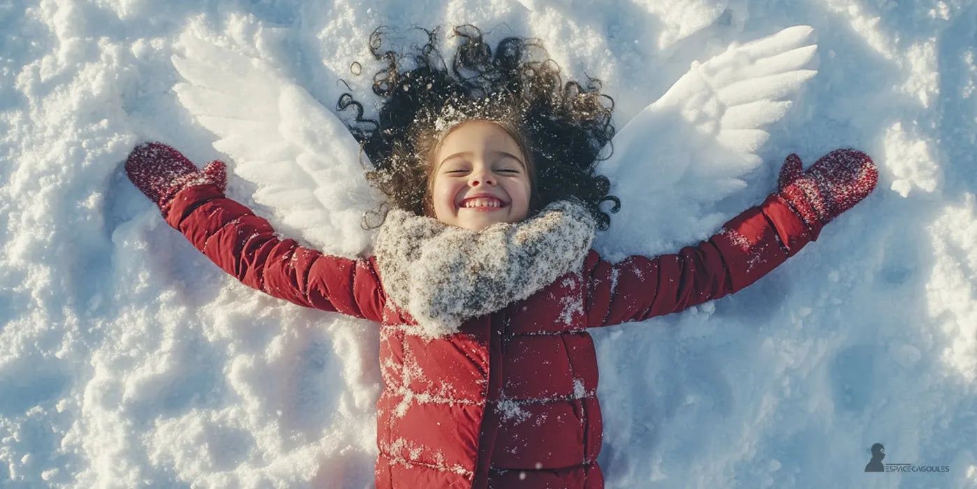 Fillette allongée dans la neige en manteau rouge et cagoule douce, souriante en dessinant un ange dans la poudreuse – Cagoule Enfant - Espace Cagoules