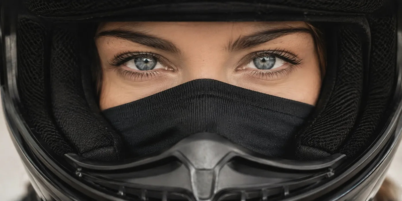 Motarde aux yeux bleus portant une cagoule moto femme noire sous casque intégral — Espace Cagoules