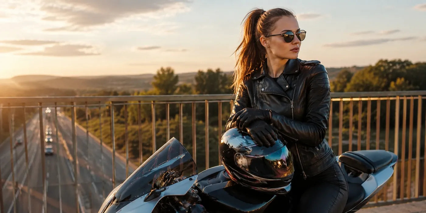 Motarde aux cheveux longs avec casque moto et veste en cuir au coucher de soleil — cagoule moto femme Espace Cagoules