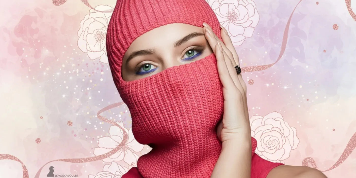 Femme élégante portant une cagoule rose tricotée en laine, regard perçant, fond pastel fleuri symbolisant la douceur et la féminité hivernale – collection Espace Cagoules