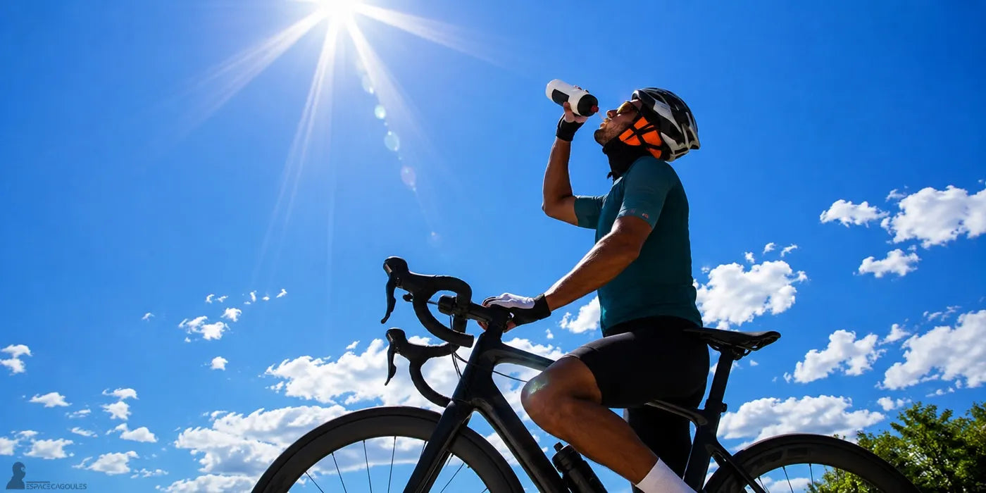 Vue en contre-plongée d'un cycliste avec cagoule respirante buvant sur son vélo sous un soleil estival intense - Espace Cagoules