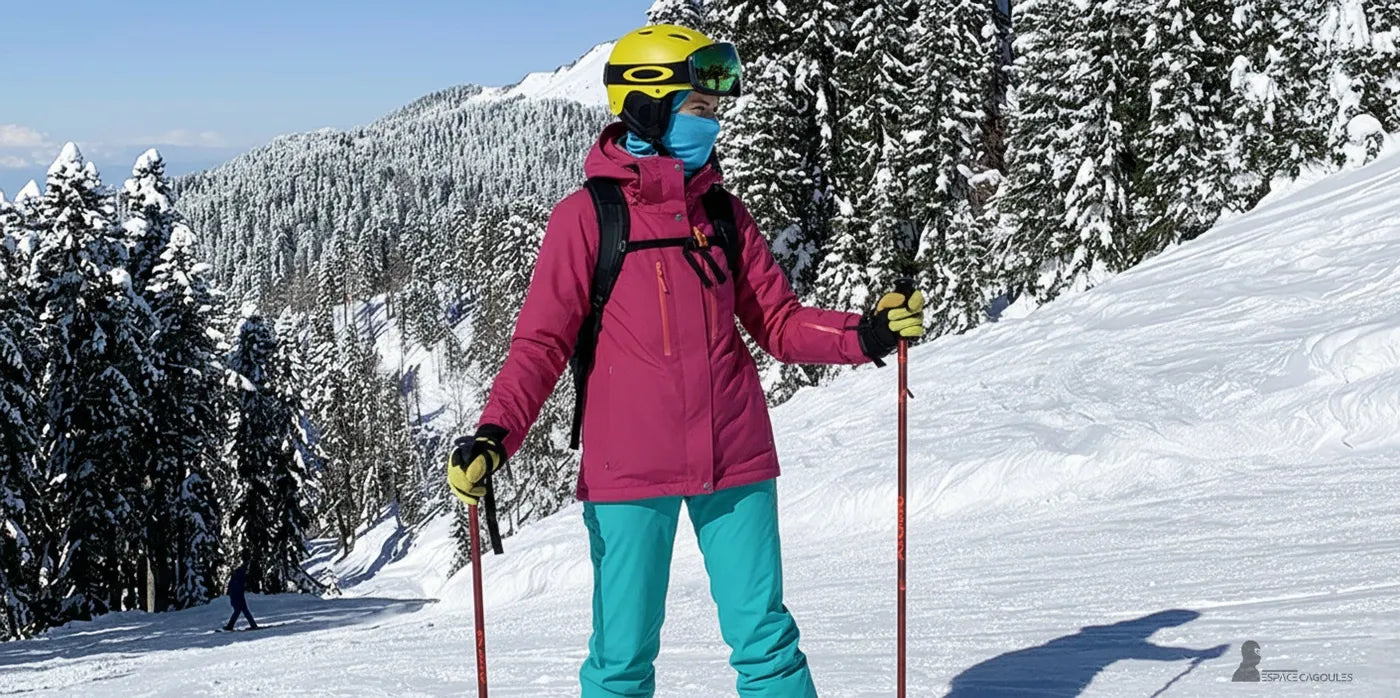Femme skieuse équipée d’une Cagoule de Ski respirante et d’une veste technique sur piste enneigée | Espace Cagoules