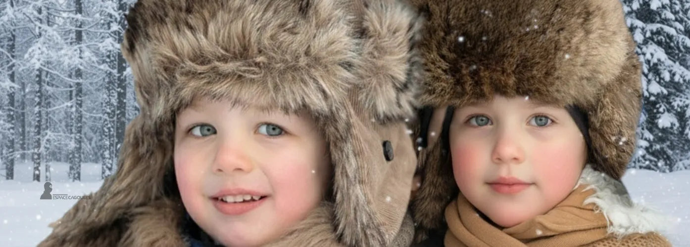 Chapka enfant en fourrure épaisse marron portée par deux enfants souriants dans une forêt enneigée – Chapka Enfant Espace Cagoules